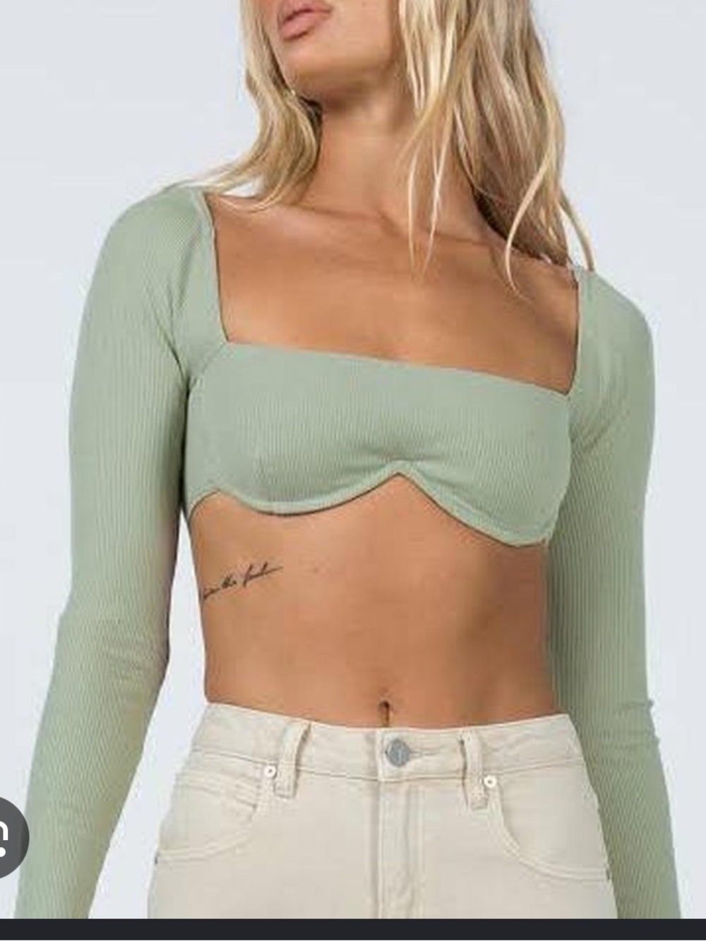 Princess Polly Sage Ribbed Long Sleeve  Crop Top